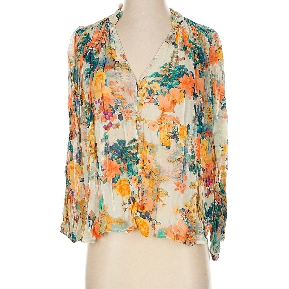 Anthropologie Sheer Floral Blouse with Mandarin Collar